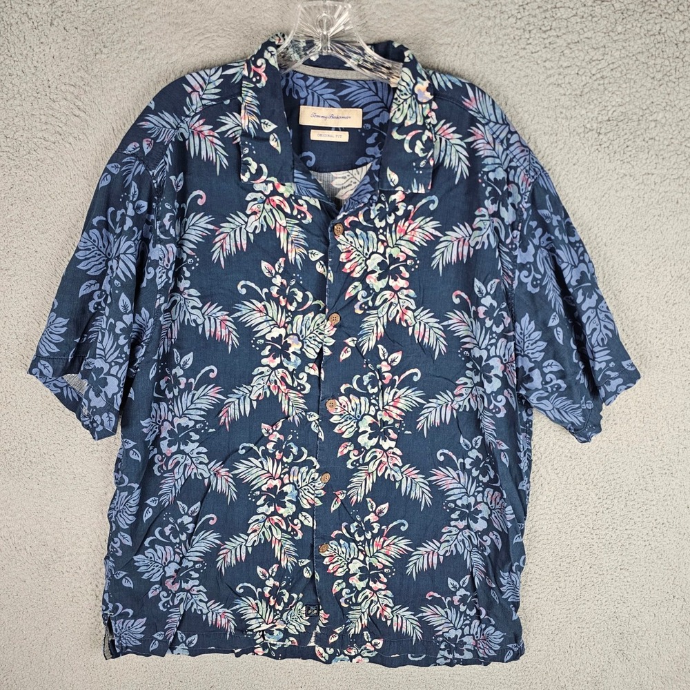 Tommy Bahama Shirt Mens XL Blue Floral Silk Original Fit Tropical Camp Button Up